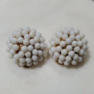 Vintage BSK White Cluster Beaded Clip On Earrings